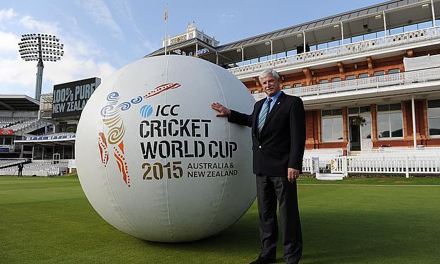 sir richard hadlee with giant icc cricket world cup 2015 ball at lord's